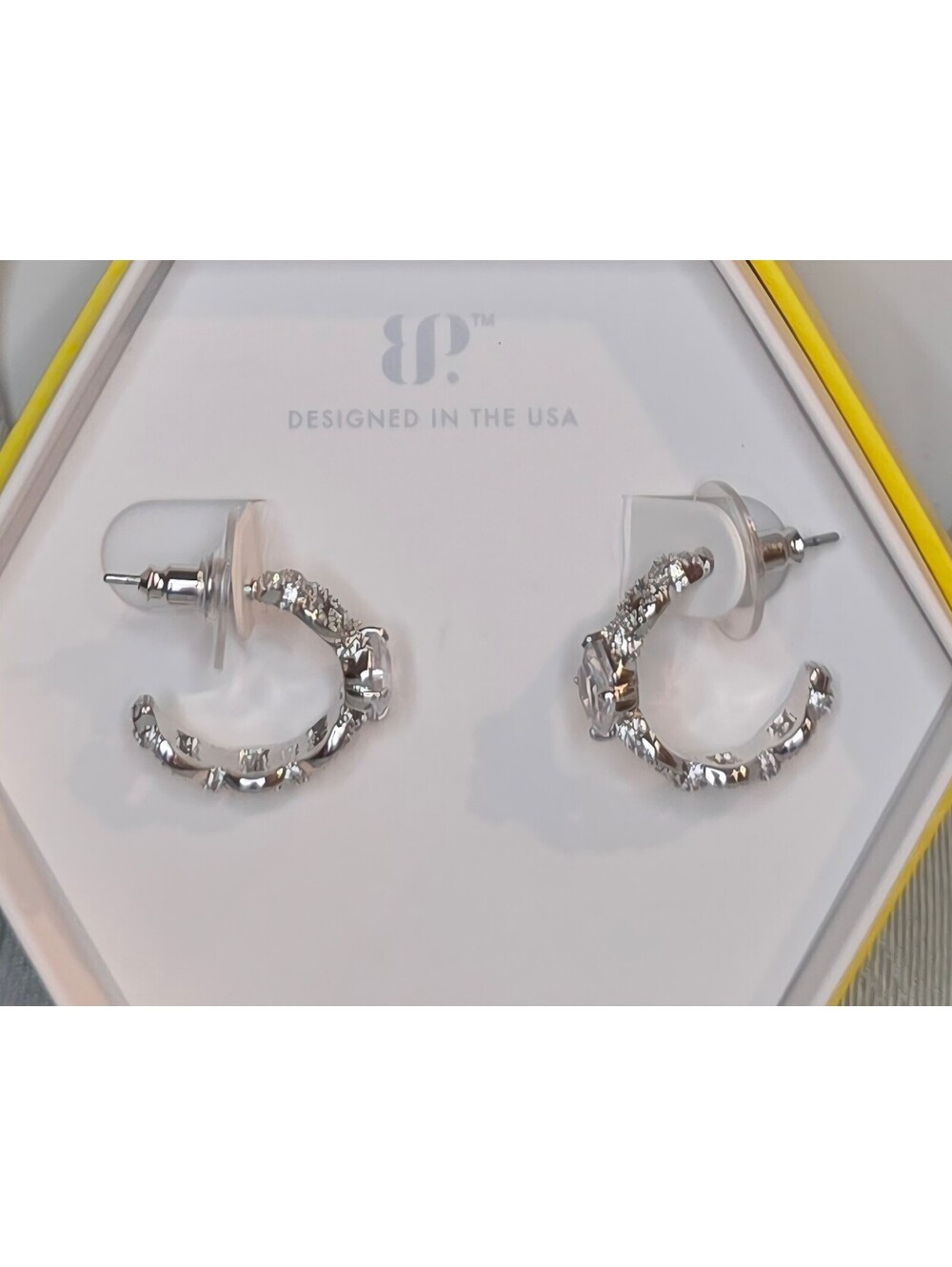 Bomb Party Line of Power Rhodium Plated Diamond Cubic Zirconia Hoop Earrings